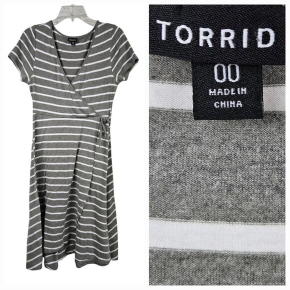 Torrid Gray White Striped Surplice Dress Faux Wrap Skater Midi Lightweight Knit - Picture 1 of 11